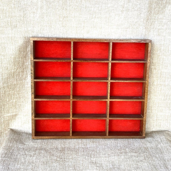 Vintage wood display case with red background to showcase collectibles, hanging curio display, jewelry or supply organizer, 13 1/8 x 11 1/2