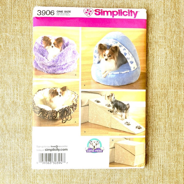 Sewing pattern for pet beds for small dogs, Simplicity 3906, ramp to assist climbing, uncut FF, dated 2007