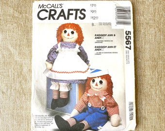 Vintage Raggedy Ann & Andy sewing pattern McCalls Crafts 5567, uncut, FF, dated 1991, stuffed 36" doll with clothes pattern, childs apron