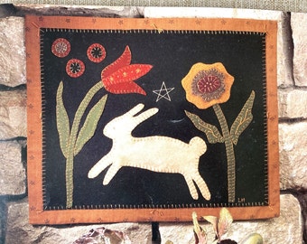 Primitive needlework pattern booklet Meadow Threads by Need'l Love for penny rug, cross stitch, rabbit dolls, pin cushions, applique