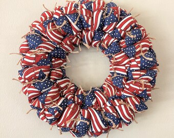 15 inch Americana fabric pillow wreath, USA door wreath, veteran decoration, red white blue wall / door hanging, military decoration