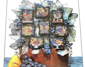 Vintage Prairie Schooler counted cross stitch pattern No. 41 Still Life dated 1993, fruit themed basket and cornucopia cross stitch pattern