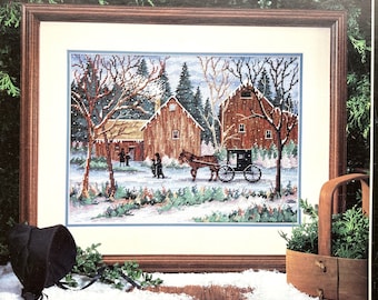 Vintage Dimensions #263 counted cross stitch pattern Snowy Sunday by Al Koenig dated 1996, Amish with buggy scene, colored pattern