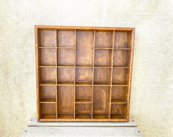 Vintage wood display case for collectibles, knick knacks, souvenirs, hanging shadowbox for trinkets, 15 1/2 x 15 3/4 inches, 22 cubbies