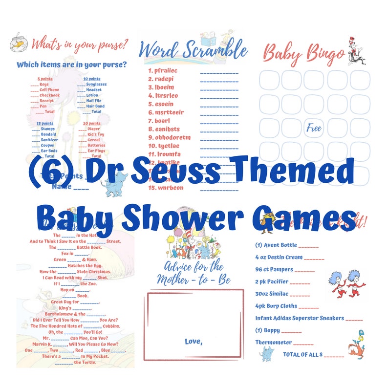 6 Dr. Seuss Baby Shower Game Pack Instant Download | Etsy