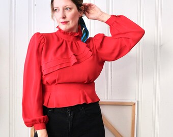 70s Sauci California Sheer Red Fitted Blouse w Ruffle Collar Puffy Sleeve Medium Small