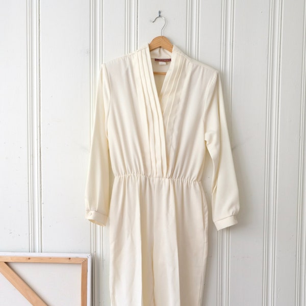 80s Worthington Cream Deep V Jumpsuit with Pockets Large