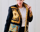 80s Vintage Retro Diane Gilman Faux Versace Print Black Gold Quilted Silk Jacket Medium Size 10