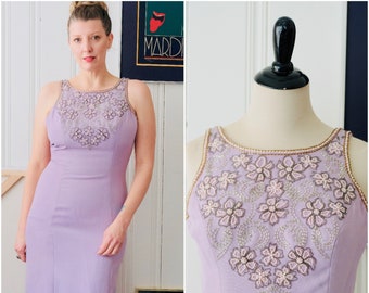 70s 80s Vintage Alyce Designs Lavender Pearl Beaded Long Cocktail Dress Size 10