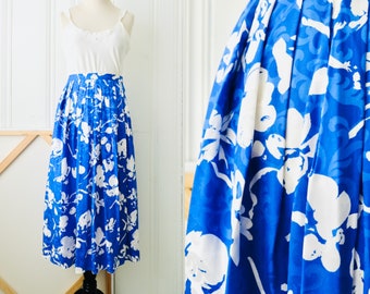 80s Azure Blue White Floral Print Silk Skirt Small Medium