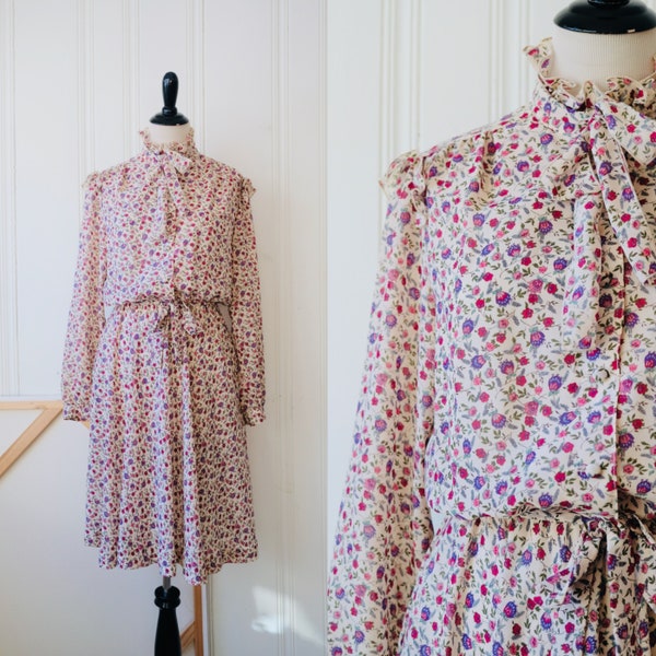 80s Robbie Bee Floral Sheer Dress w Puffy Ruffle Sleeve matching Belt Size 12