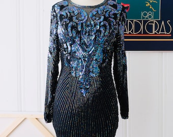 80s Vintage Black Holographic Sequin Starburst Illusion Cocktail Dress Size 6