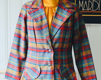 Chaqueta deportiva ligera con cuello y estampado a cuadros estilo años 70, talla 8