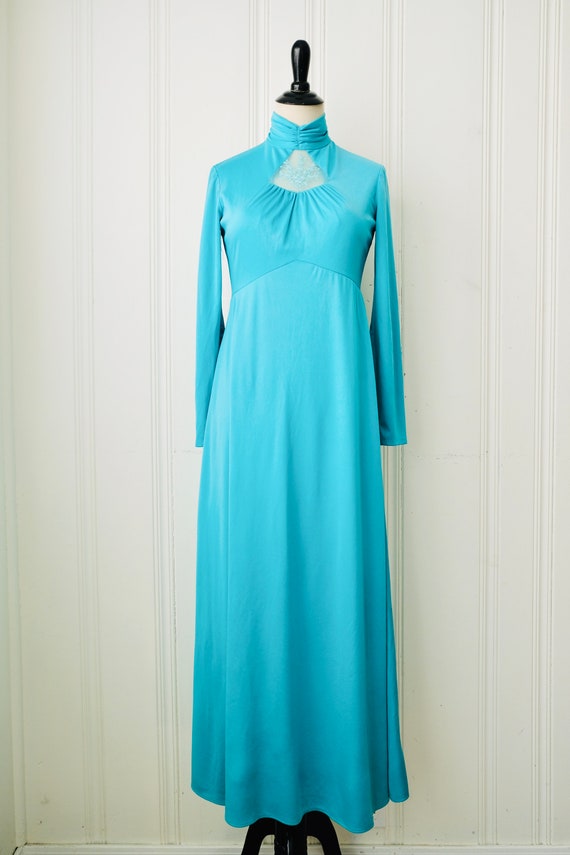 70s Teal Blue Turtleneck Maxi Dress w Lace Keyhol… - image 2