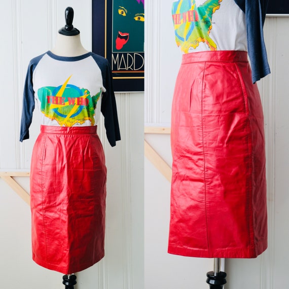 80s Vintage Wilsons Red Leather Pencil Skirt Size