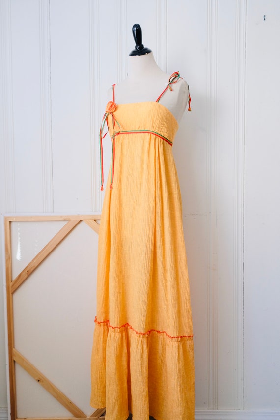 70s Peach Cheesecloth Maxi Dress w Bow Straps Siz… - image 2