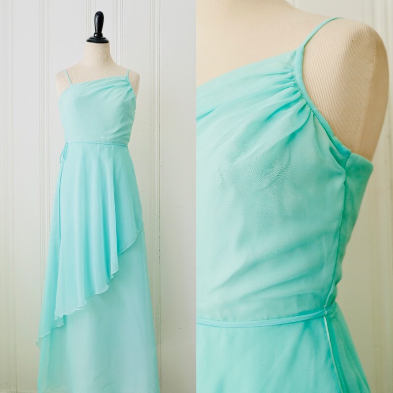 70s Vintage House of Bianchi Seafoam Green Ballerina Style Tiered Dress Medium Size 6-8