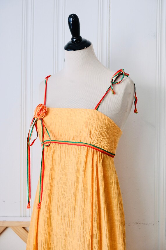 70s Peach Cheesecloth Maxi Dress w Bow Straps Siz… - image 3