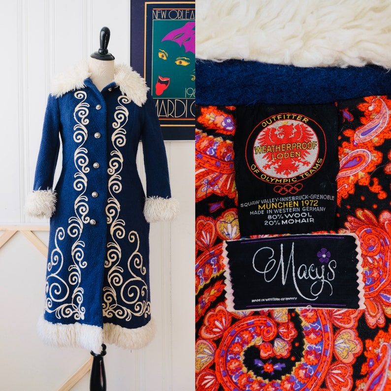 60s 70s Rare 1972 Olympic Team Navy Blue Embroidered Wool Coat w Fur Trim Paisley Print Lining Size 4-6