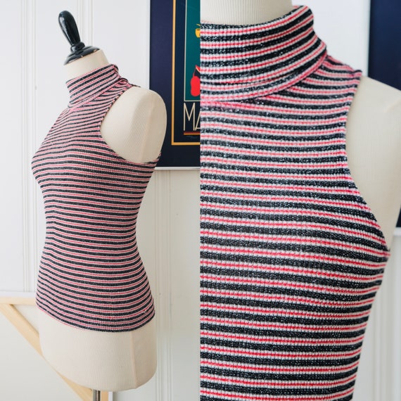 70s Vintage Metallic Silver Black Red Stripe Lurex
