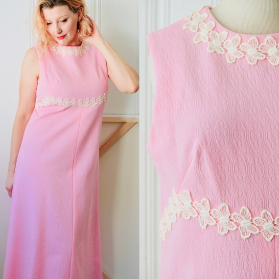 60s Vintage Handmade Long Pink Quilted Brocade Dr… - image 1