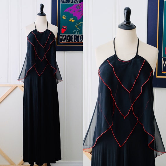 70s Vintage Black Halter Dress w Chiffon Scarf Det