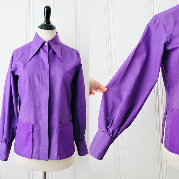 70s Laura Mae Purple Smock Shirt w Dagger Collar P