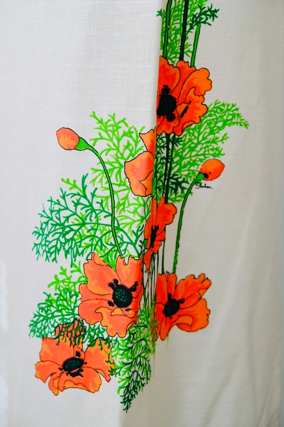 60s Alfred Shaheen Neon Orange Poppy Print Linen … - image 4