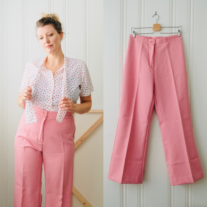 70s Vintage Pink High Waisted Wide Leg Flare Pants Slacks Vintage 14 Mod Day 12