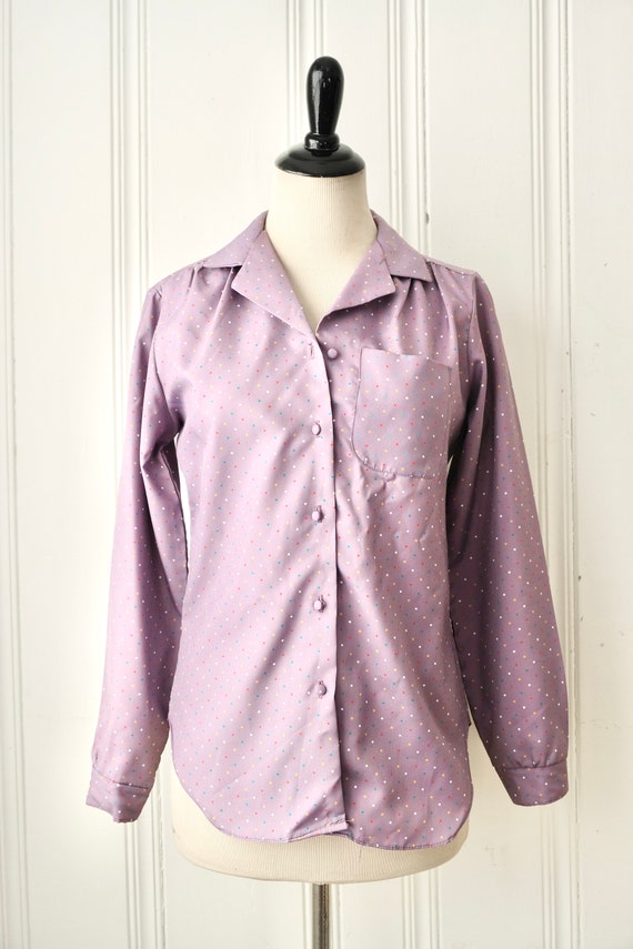 70s Laura Mae Mauve Multicolored Polka Dot Long S… - image 2