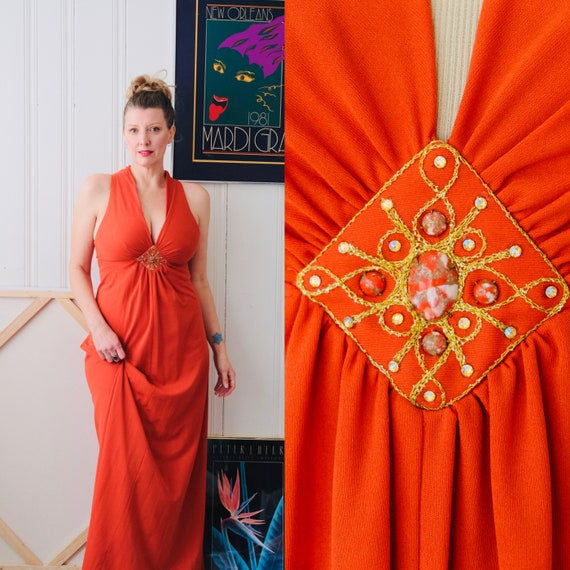 burnt orange halter dress