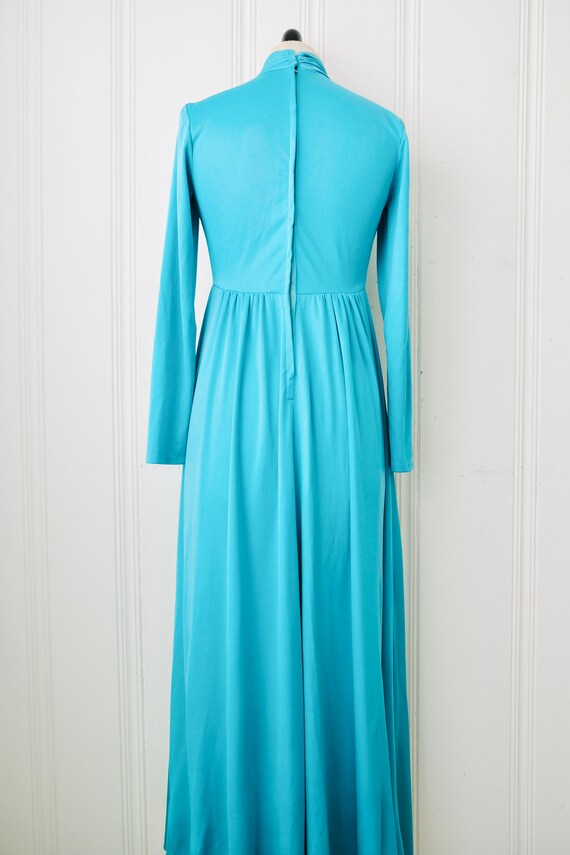 70s Teal Blue Turtleneck Maxi Dress w Lace Keyhol… - image 7