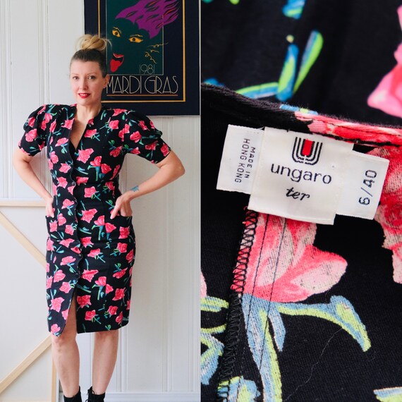 80s Vintage Ungaro Ter Neon Rose Floral Print Penc