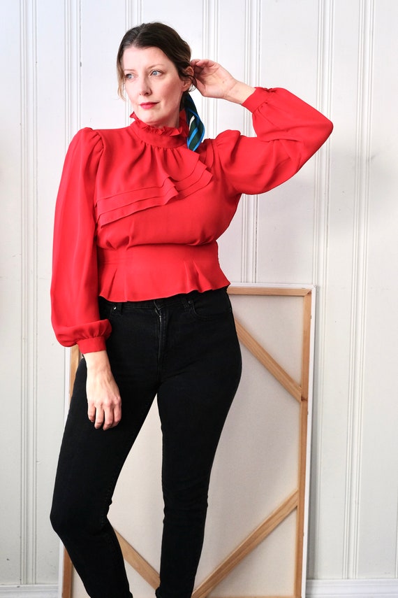 70s Sauci California Sheer Red Fitted Blouse w Ruf