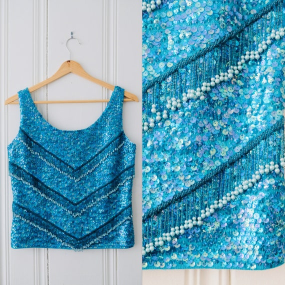 50s 60s Vintage Blue Holographic Sequined Mermaid… - image 1