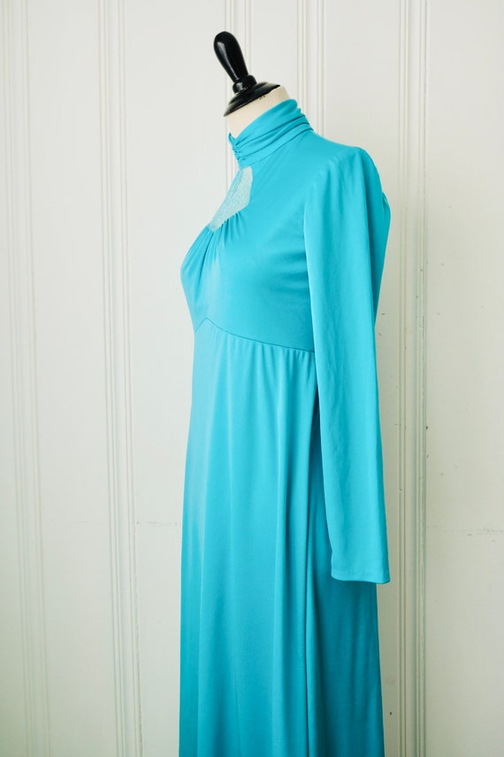 70s Teal Blue Turtleneck Maxi Dress w Lace Keyhol… - image 6