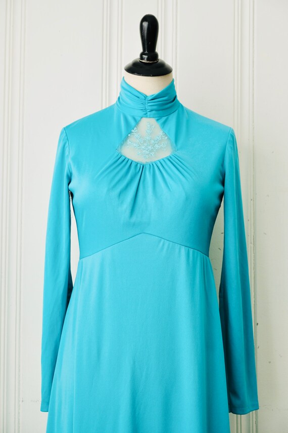 70s Teal Blue Turtleneck Maxi Dress w Lace Keyhol… - image 3