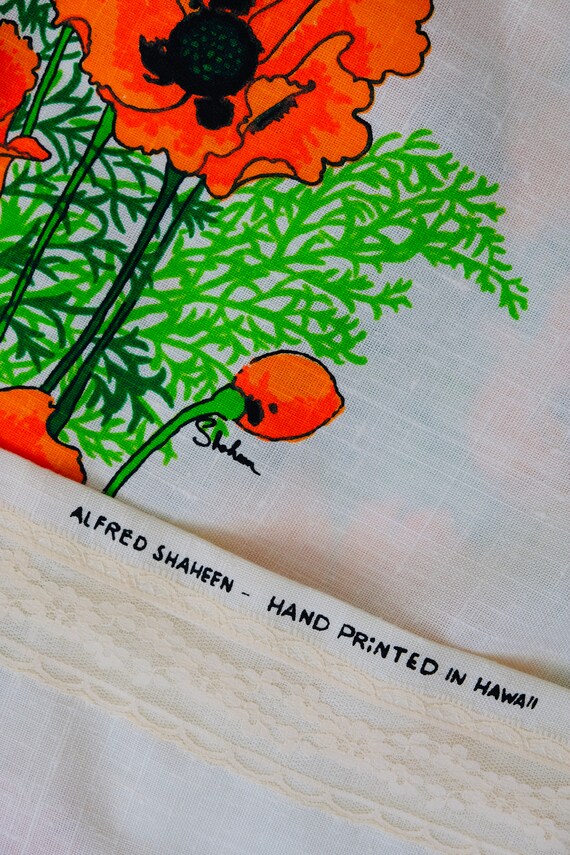 60s Alfred Shaheen Neon Orange Poppy Print Linen … - image 8