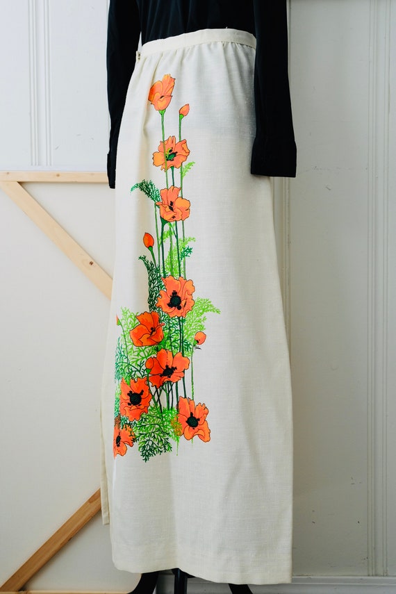 60s Alfred Shaheen Neon Orange Poppy Print Linen … - image 7