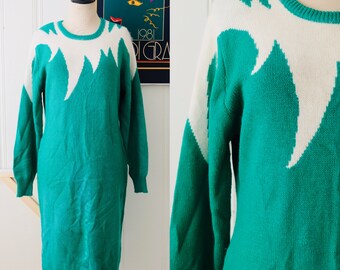 80s Vintage Green White Angora Knit Dress Long Sleeve Sweater Dress Size Medium Large