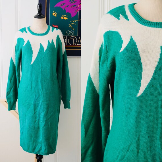 80s Vintage Green White Angora Knit Dress Long Sle