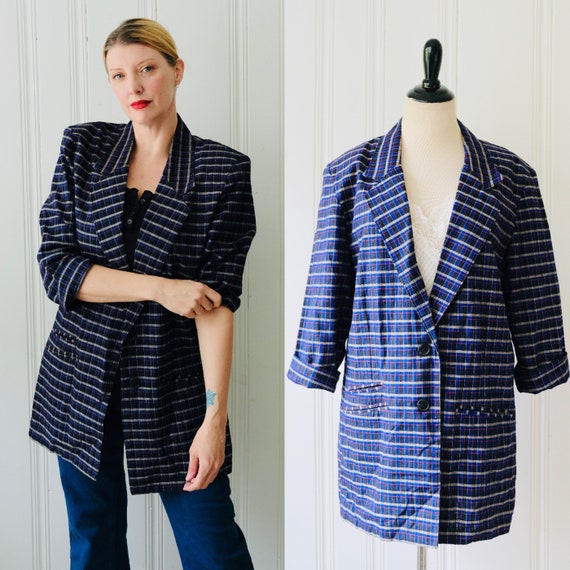 80s Vintage Bon Magique Navy Plaid Checkered Over… - image 1