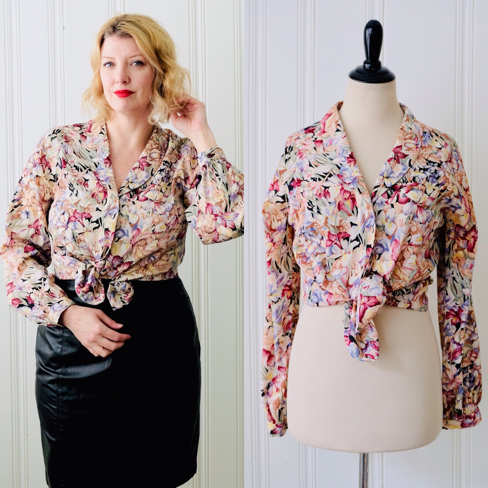 70s Vintage Pink Floral Print Secretary Blouse W Round Collar Etsy