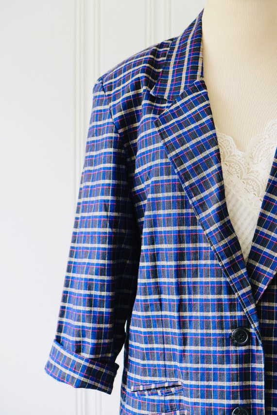 80s Vintage Bon Magique Navy Plaid Checkered Over… - image 5