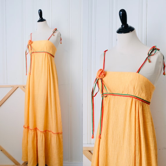 70s Peach Cheesecloth Maxi Dress w Bow Straps Siz… - image 1