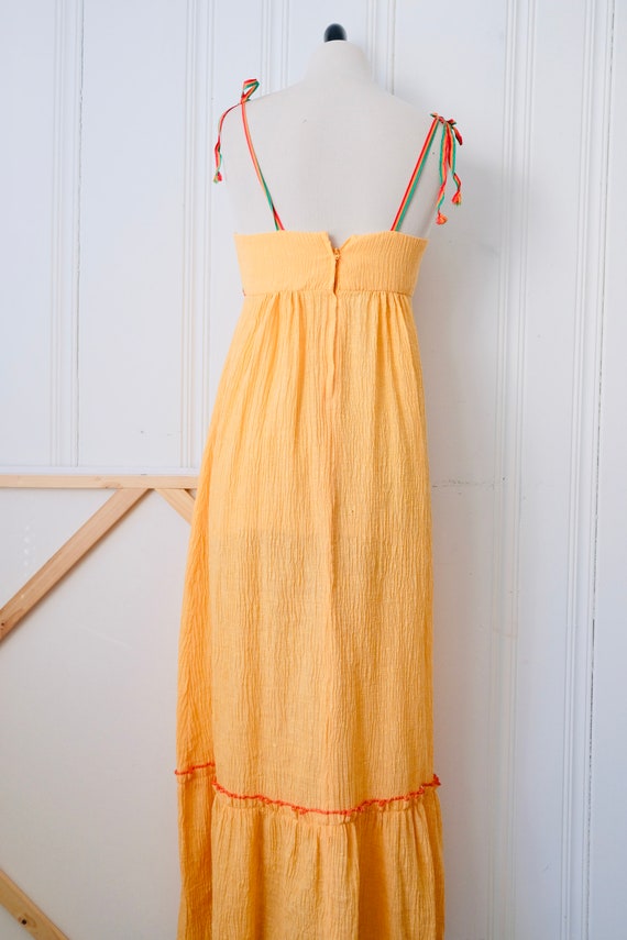 70s Peach Cheesecloth Maxi Dress w Bow Straps Siz… - image 5