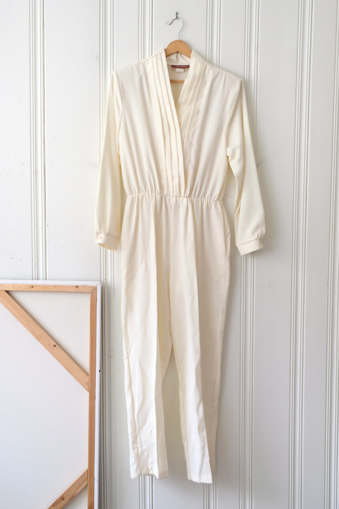 80s Worthington Cream Deep V Jumpsuit With Pockets Large Etsy