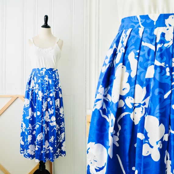 80s Azure Blue White Floral Print Silk Skirt Smal… - image 1