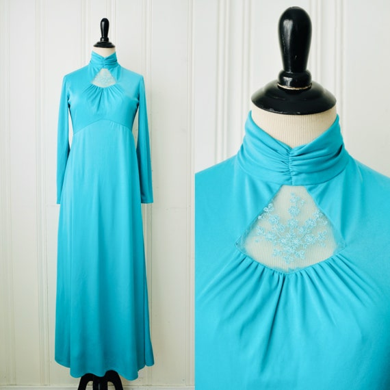 70s Teal Blue Turtleneck Maxi Dress w Lace Keyhol… - image 1