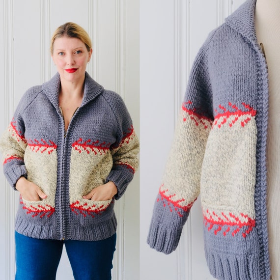 60s Vintage Cape Cod Red Gray Wool Knit Oversized